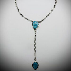 Navajo Priscilla A. Smith Sterling Silver Turquoise Inlay Lariat Necklace – 18″